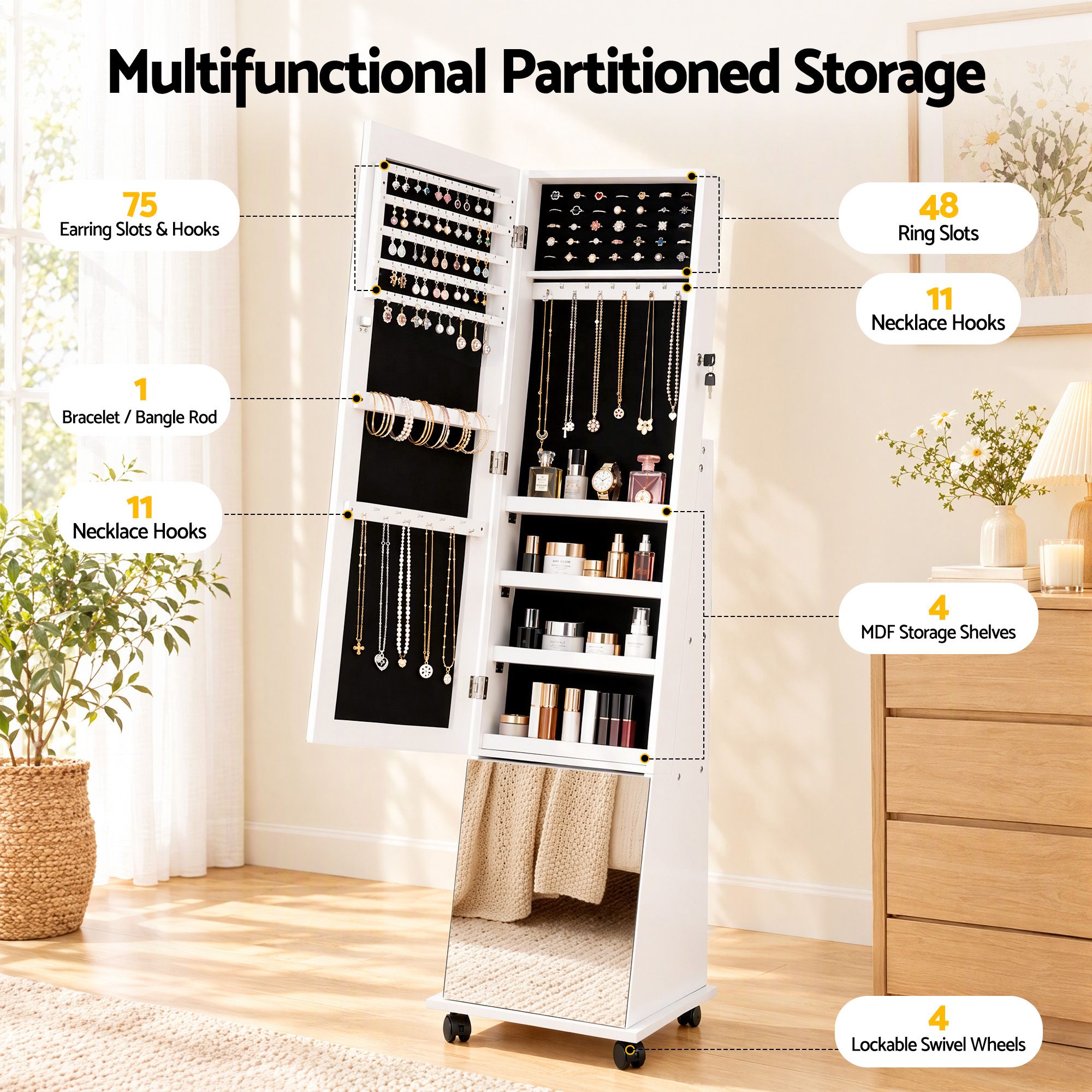 Artiss Jewelry Cabinet Frameless Full Length Mirror with Wheels, White Bedworld