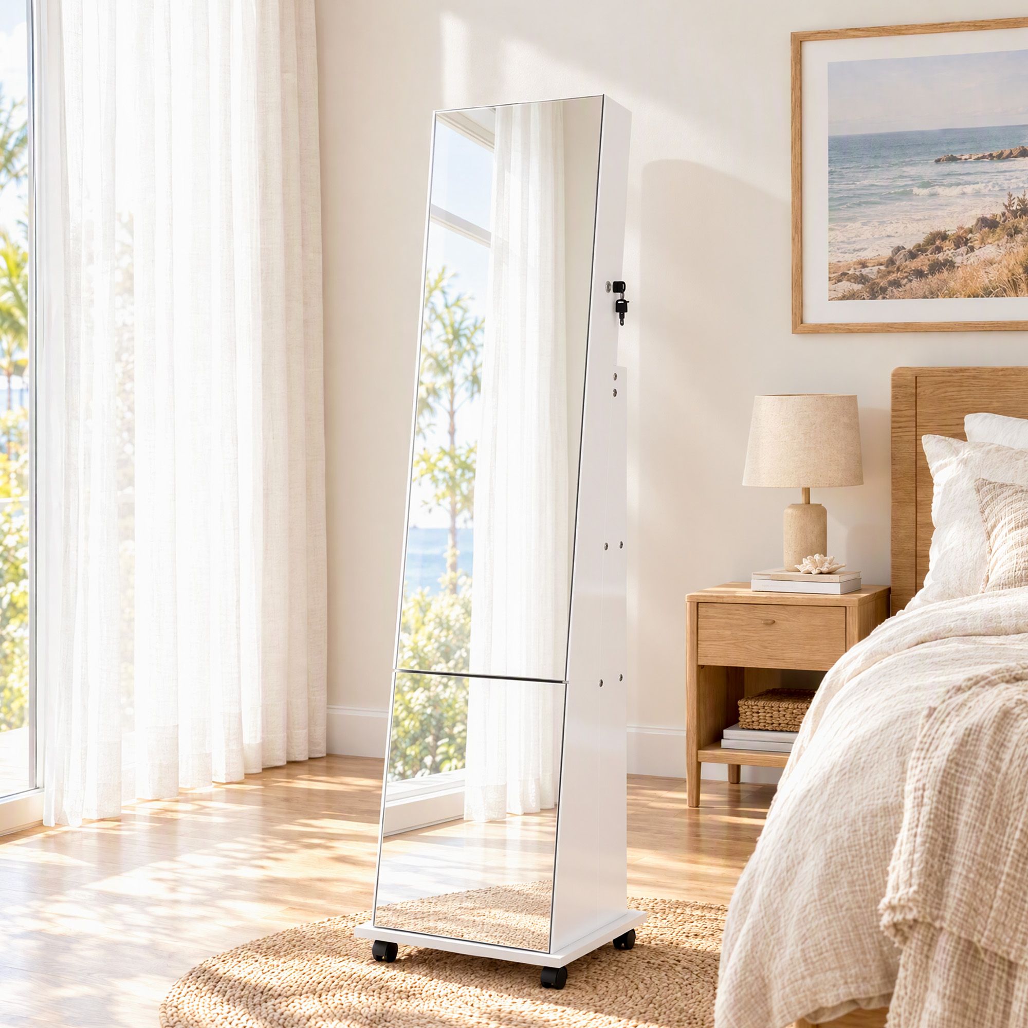 Artiss Jewelry Cabinet Frameless Full Length Mirror with Wheels, White Bedworld