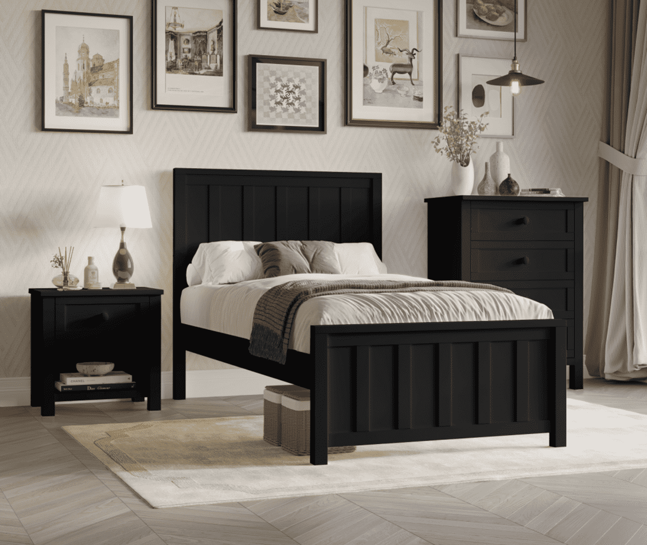 Jesse Timber Bed Frame and furnishings - black