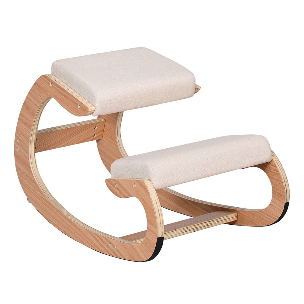 Beige kneeling chair with thick padded cushions and curved light-wood bent frame