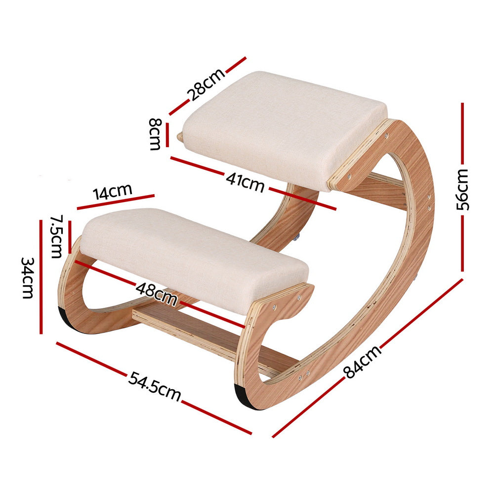 Beige kneeling posture chair with two padded supports and curved wooden frame