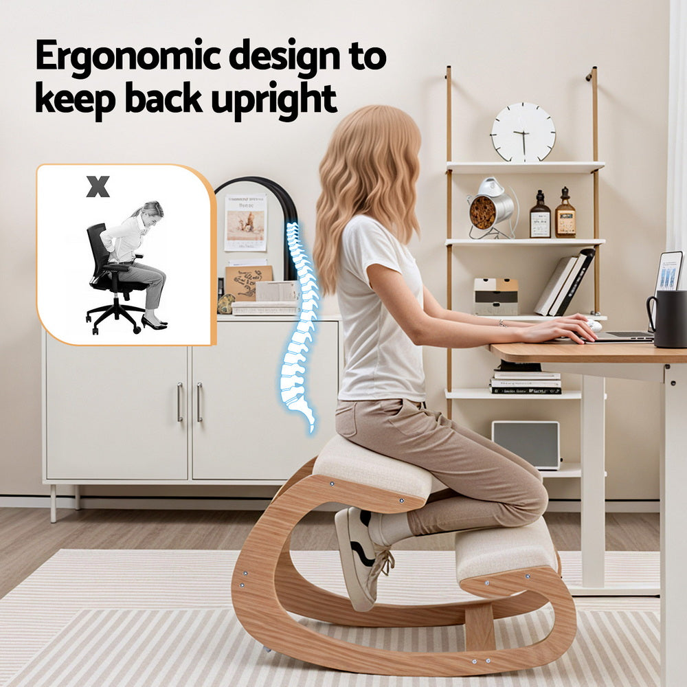 Beige kneeling balance chair with two cushions and bentwood frame