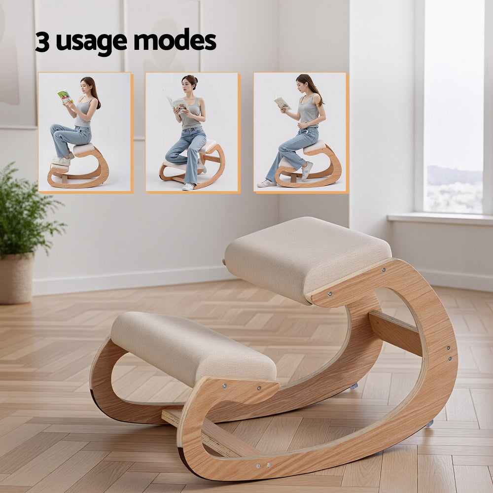 Beige kneeling chair with two padded supports and curved bentwood base
