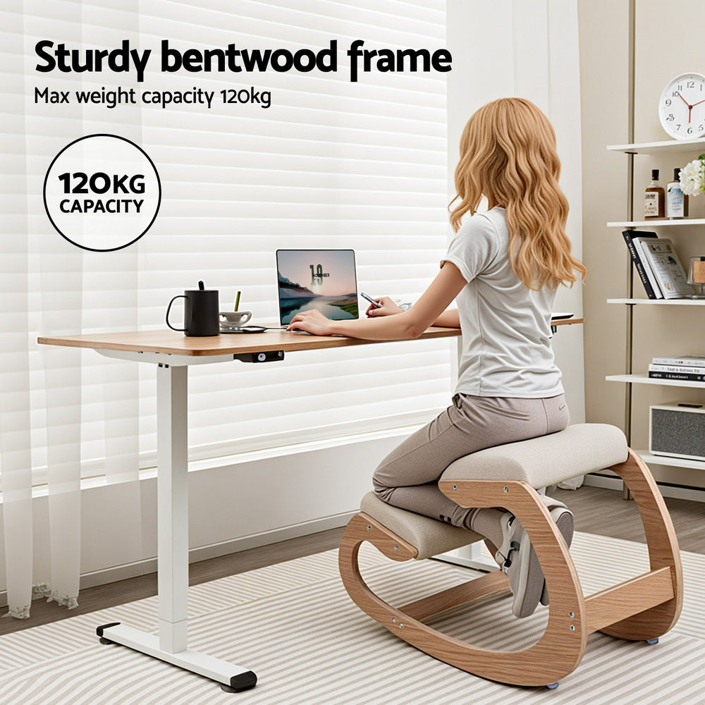Beige kneeling posture chair with thick cushions and sturdy bentwood frame