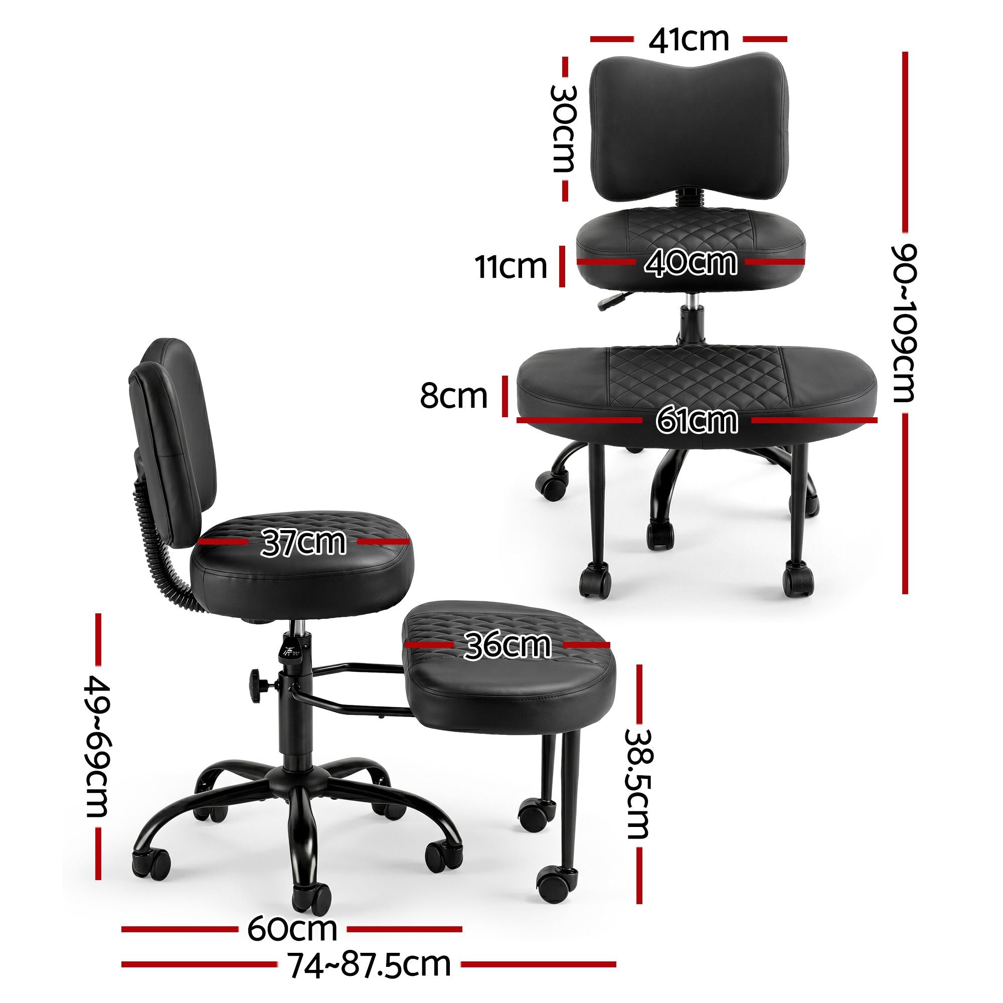 Height-adjustable kneeling chair with quilted black seat and supportive backrest