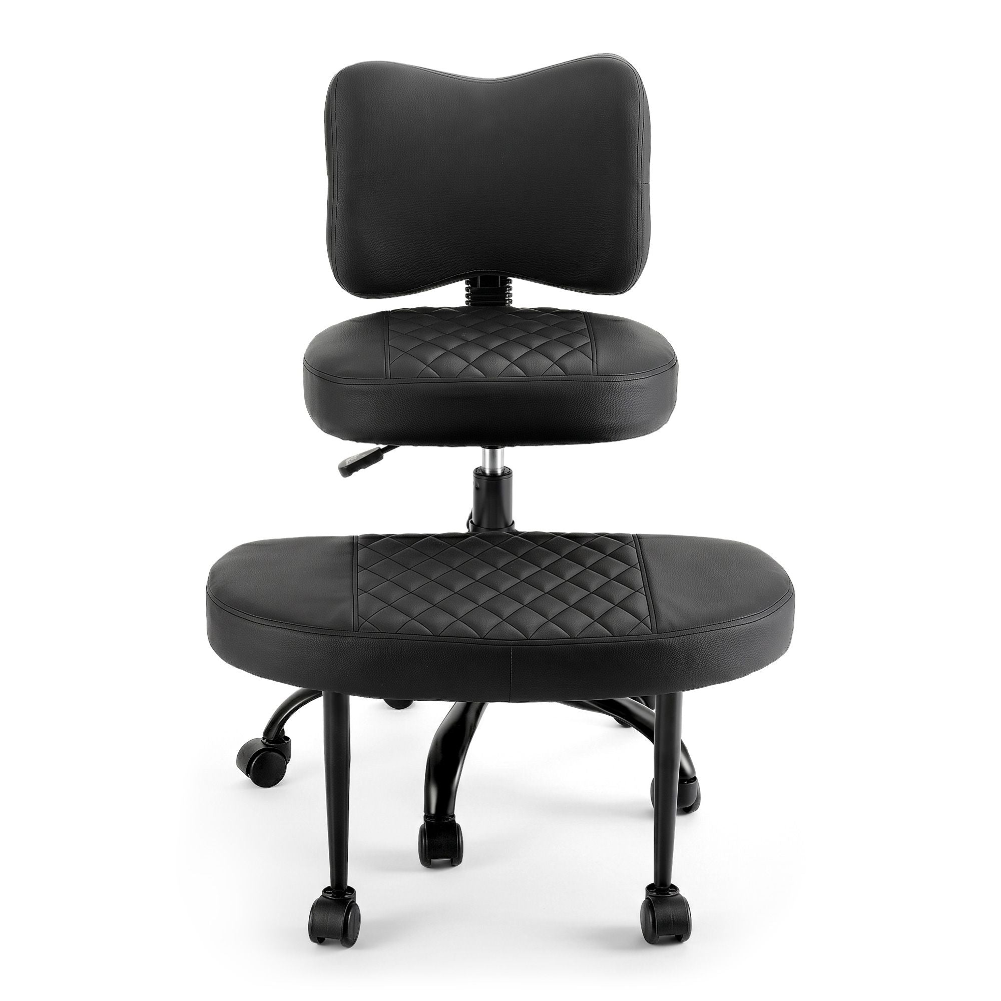 Black kneeling chair with curved padded backrest, quilted seat cushions, swivel base
