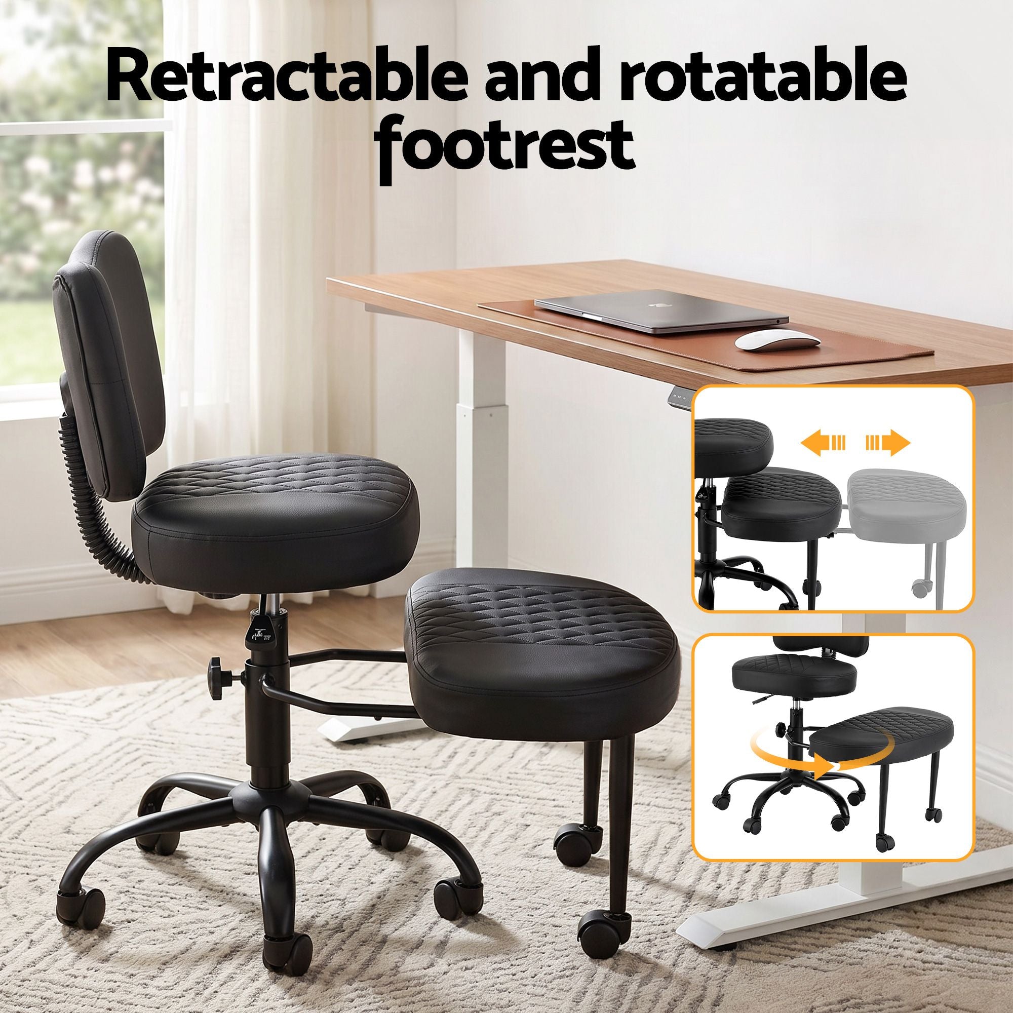 Kneeling chair with retractable footrest and padded backrest, black quilted seat