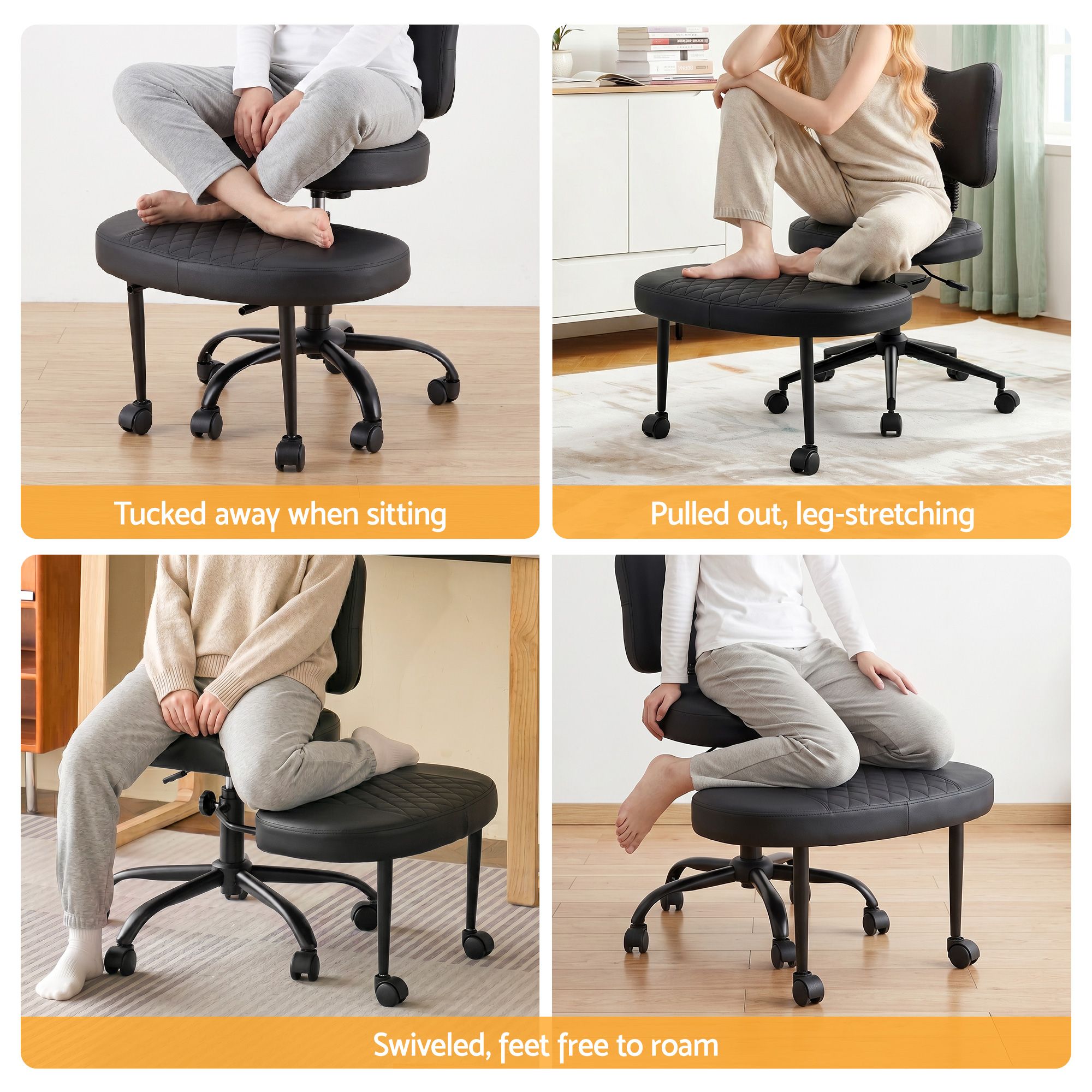 Black kneeling chair showing tucked and extended footrest positions, quilted seat