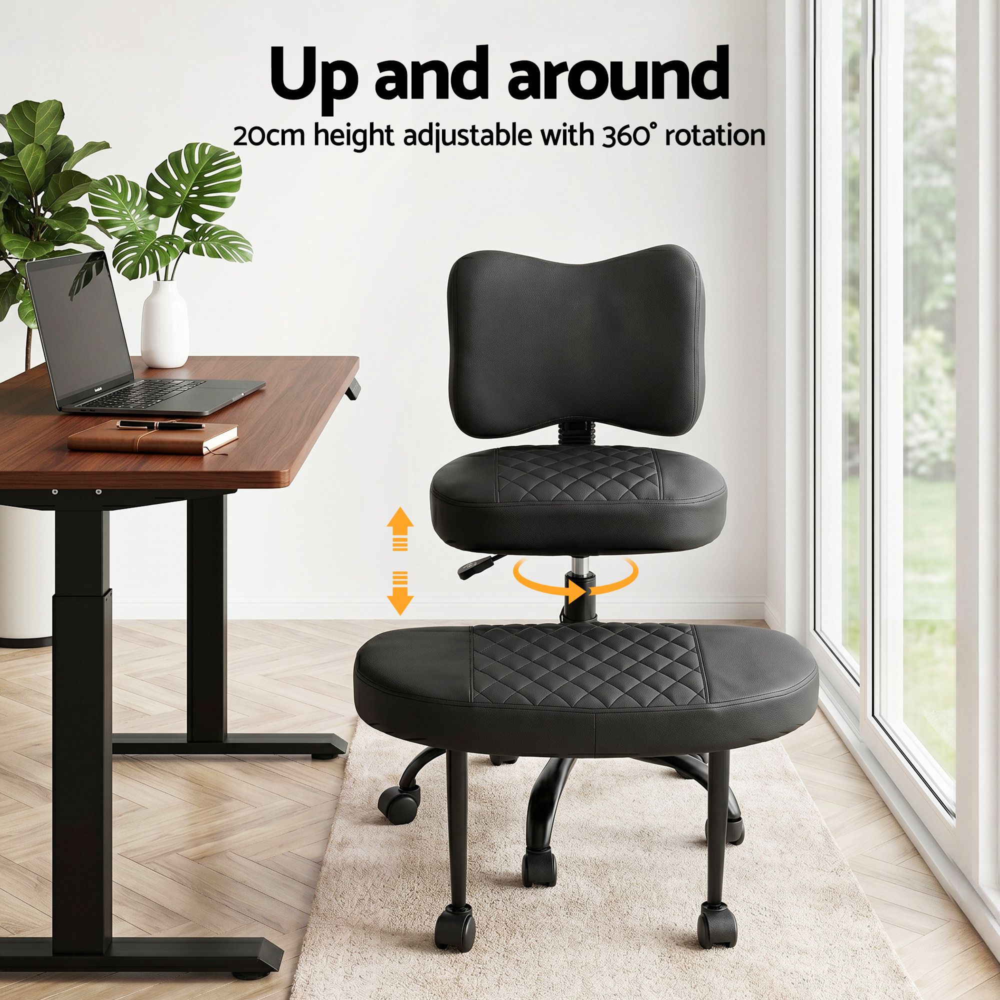 Black kneeling chair with height adjustment and 360 swivel base, padded backrest