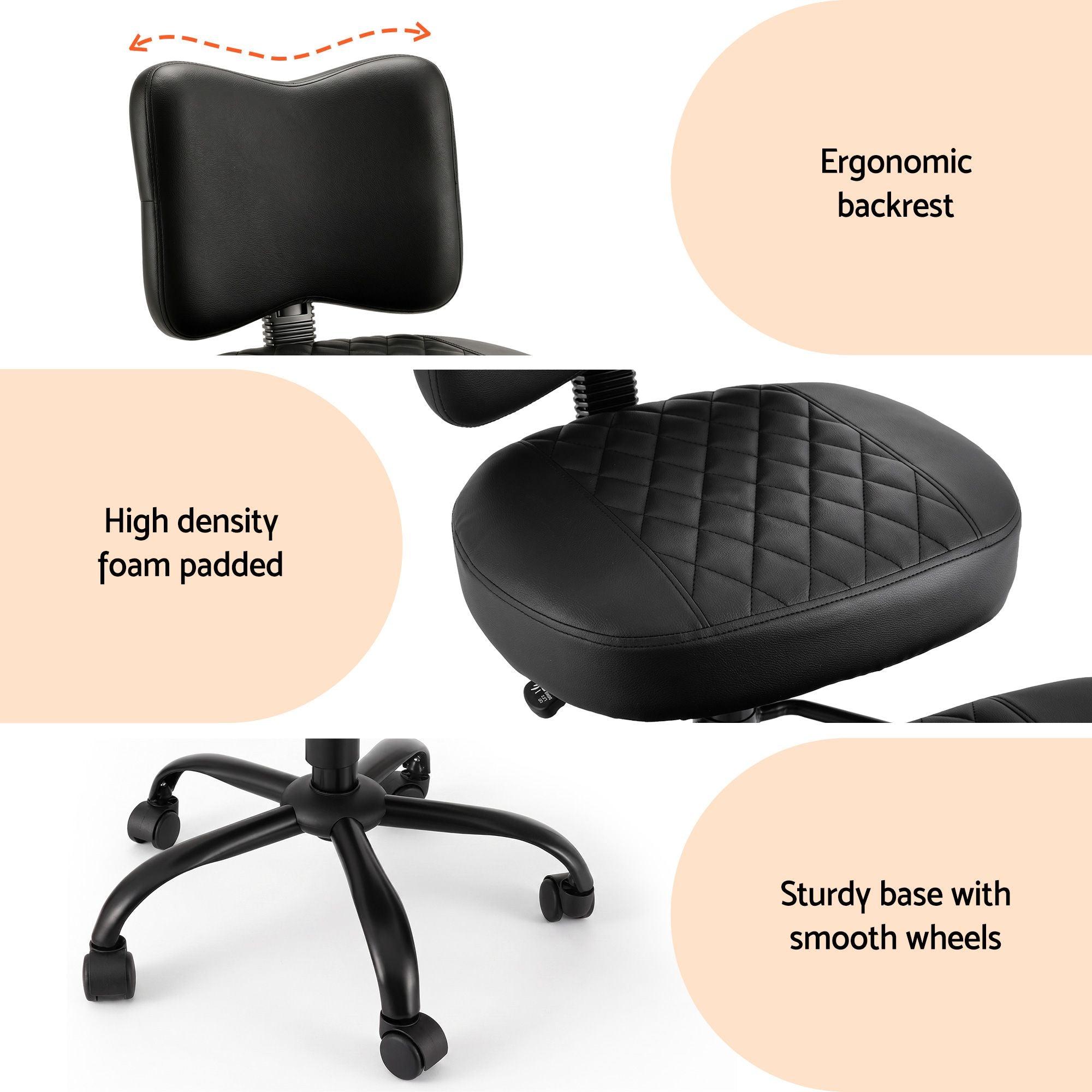 Black quilted kneeling seat with thick foam padding and smooth-wheeled base