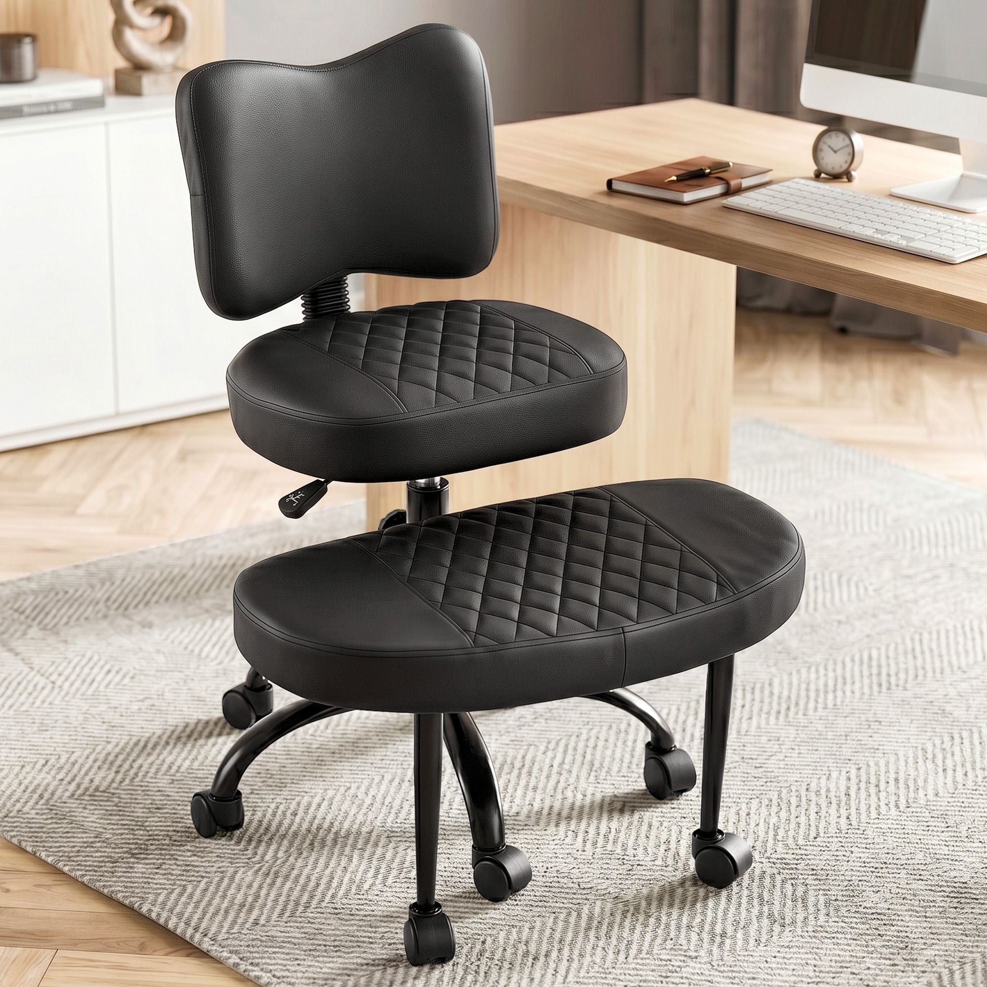 Black kneeling chair with curved backrest, quilted seat platforms, and caster wheels