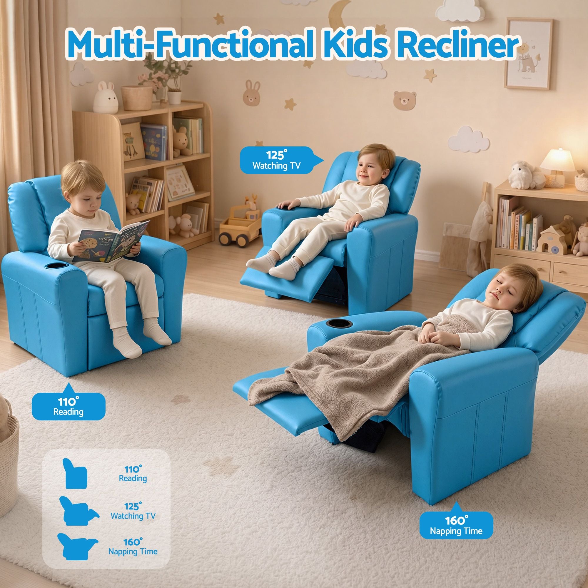 Keezi Kids Recliner Chair PU Leather Sofa Lounge Couch Children Armchair Blue Bedworld