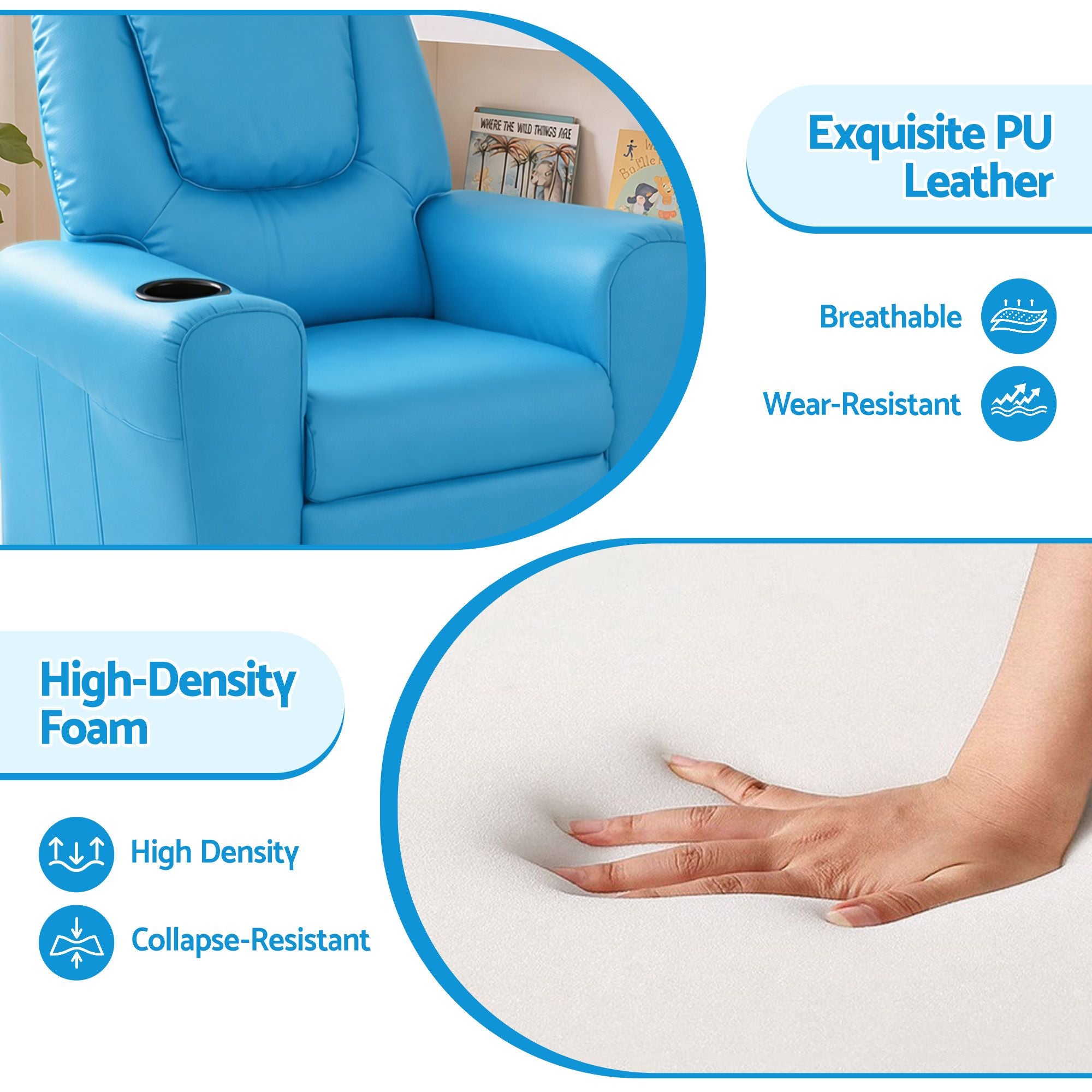 Keezi Kids Recliner Chair PU Leather Sofa Lounge Couch Children Armchair Blue Bedworld