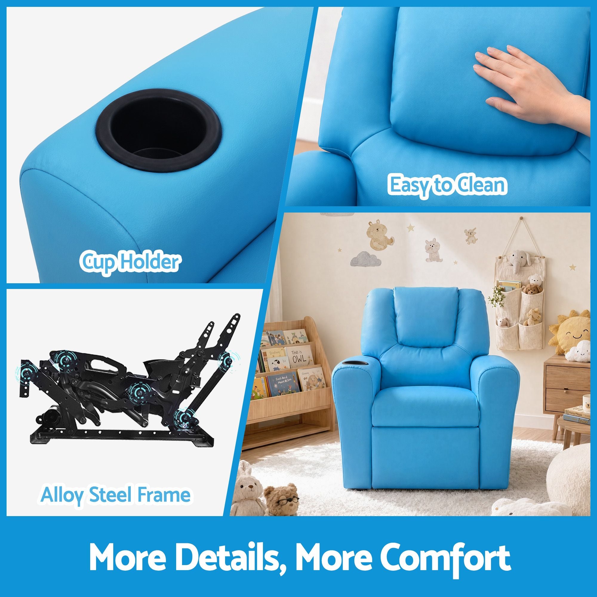 Keezi Kids Recliner Chair PU Leather Sofa Lounge Couch Children Armchair Blue Bedworld