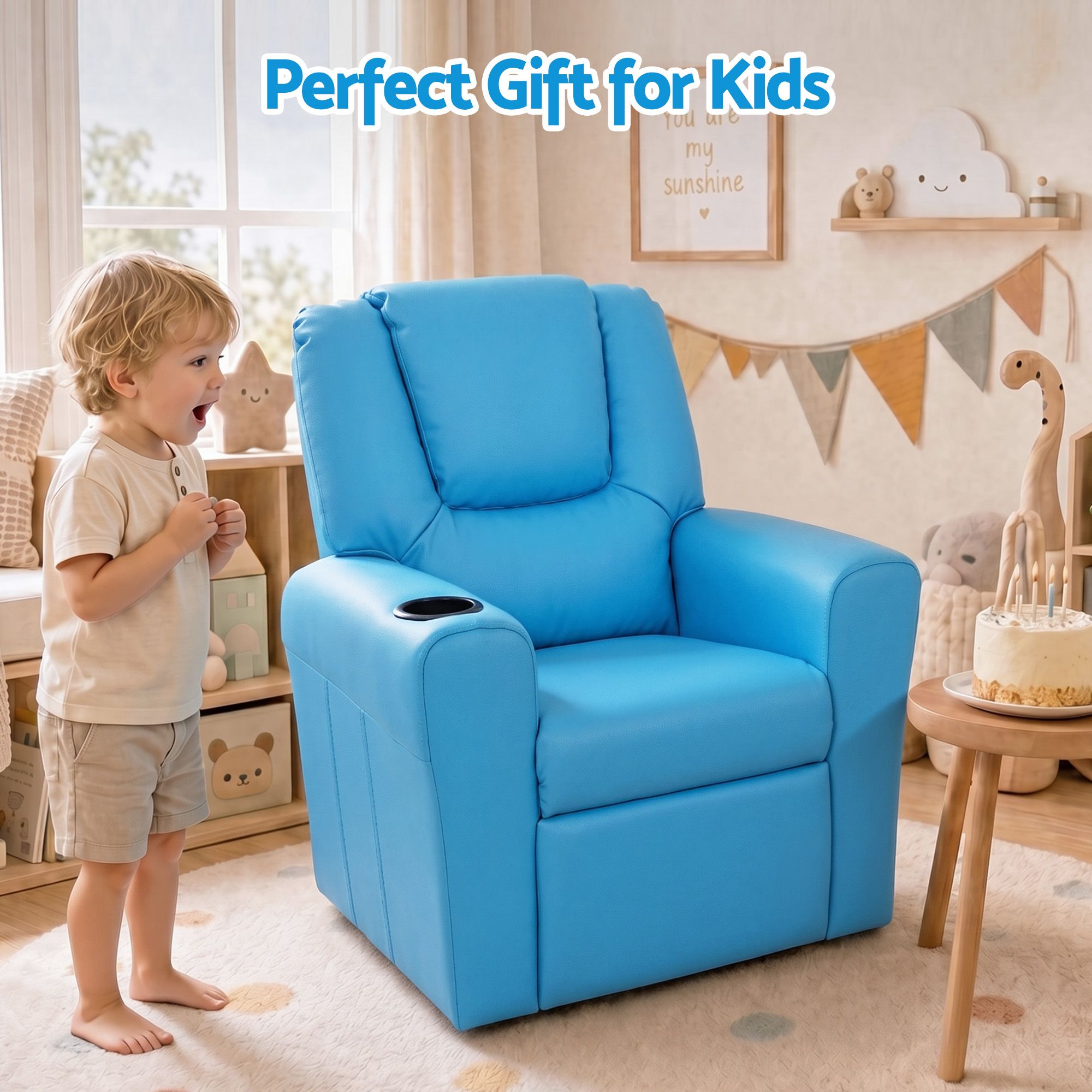 Keezi Kids Recliner Chair PU Leather Sofa Lounge Couch Children Armchair Blue Bedworld