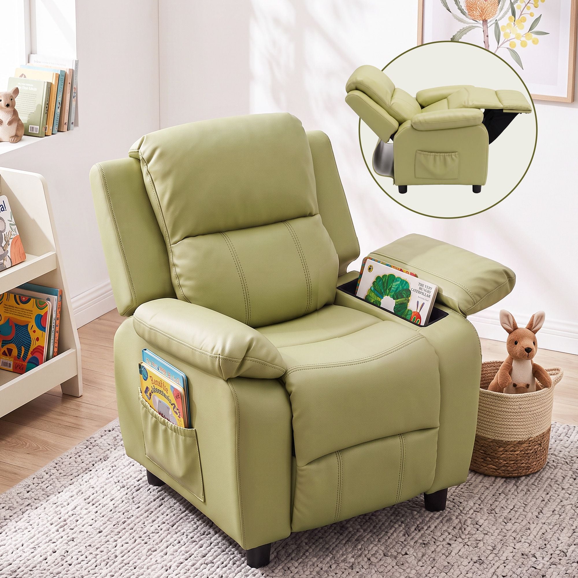 Keezi Kids Recliner Chair PU Leather Toddler Lounge Adjustable Backrest w/ Armrest Storage & 2 Side Pockets Green Bedworld