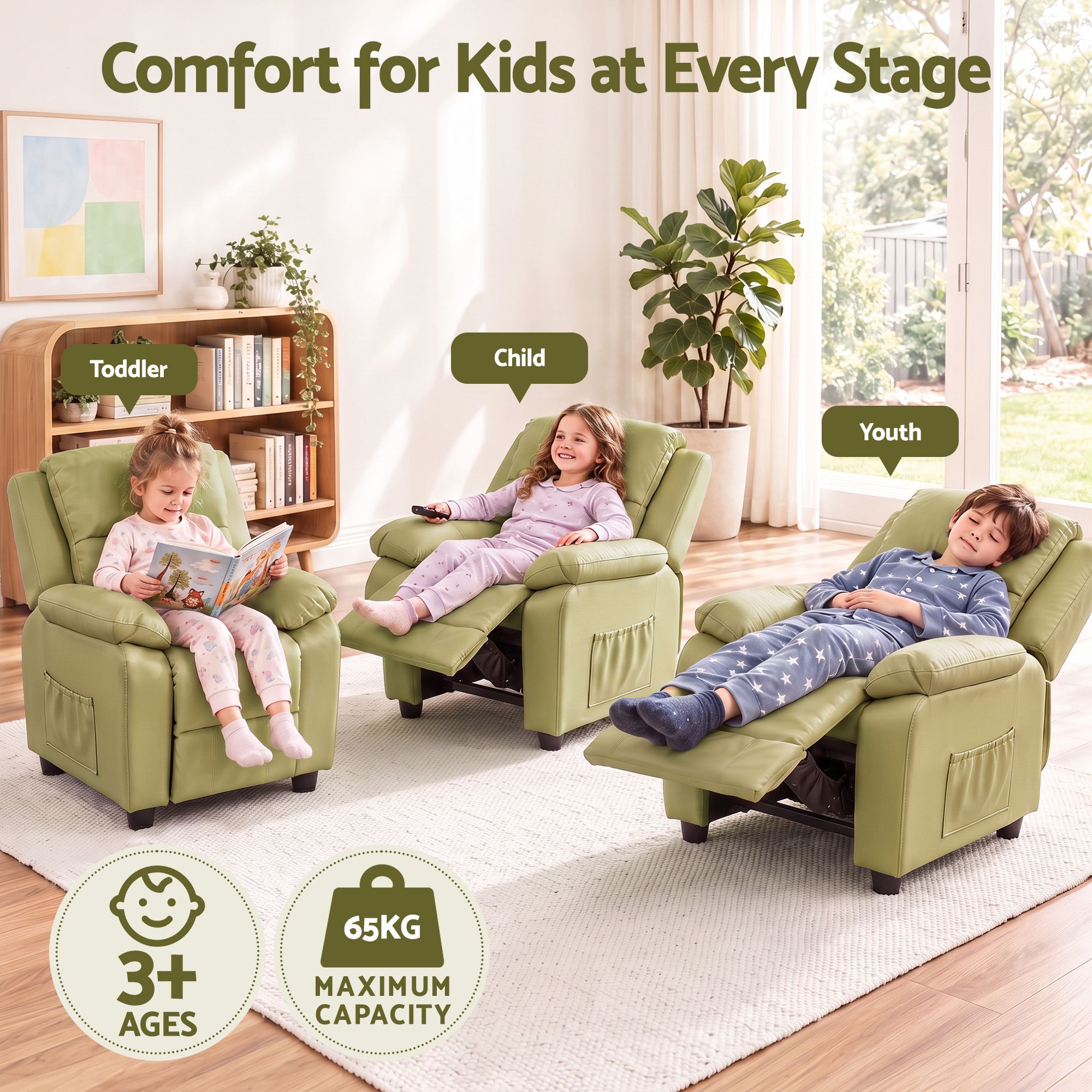 Keezi Kids Recliner Chair PU Leather Toddler Lounge Adjustable Backrest w/ Armrest Storage & 2 Side Pockets Green Bedworld