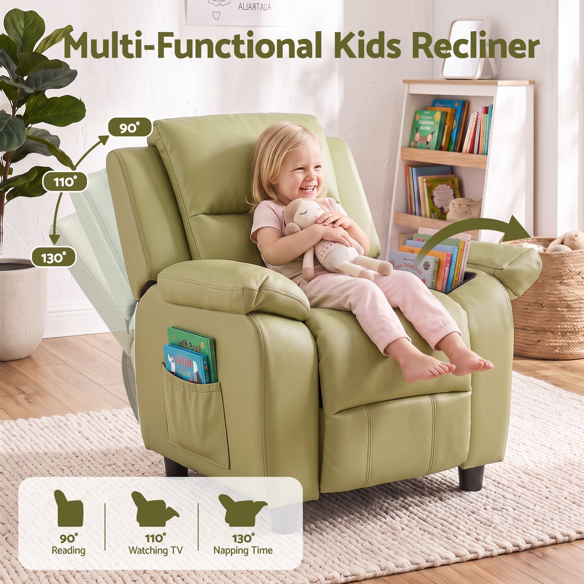 Keezi Kids Recliner Chair PU Leather Toddler Lounge Adjustable Backrest w/ Armrest Storage & 2 Side Pockets Green Bedworld