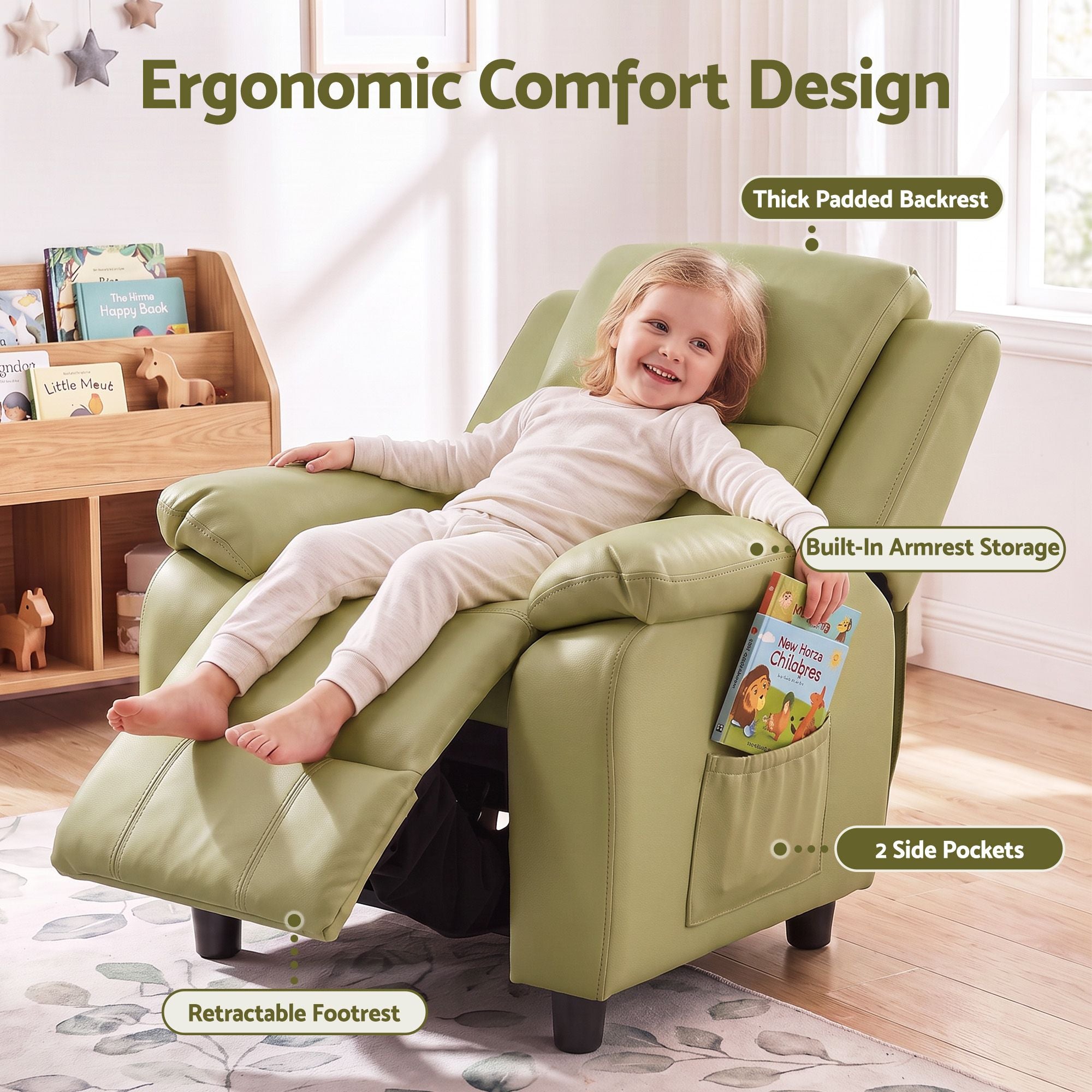 Keezi Kids Recliner Chair PU Leather Toddler Lounge Adjustable Backrest w/ Armrest Storage & 2 Side Pockets Green Bedworld