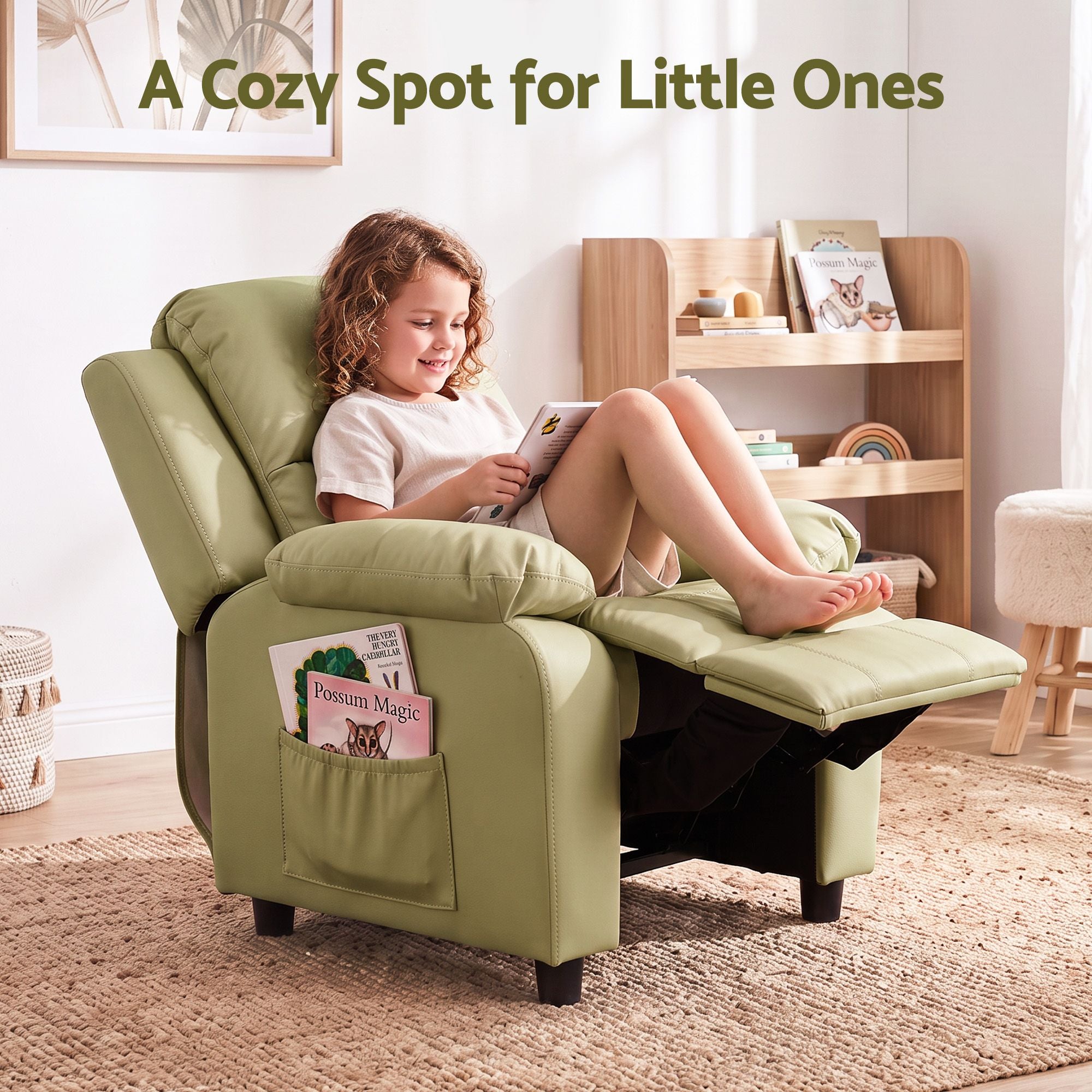 Keezi Kids Recliner Chair PU Leather Toddler Lounge Adjustable Backrest w/ Armrest Storage & 2 Side Pockets Green Bedworld