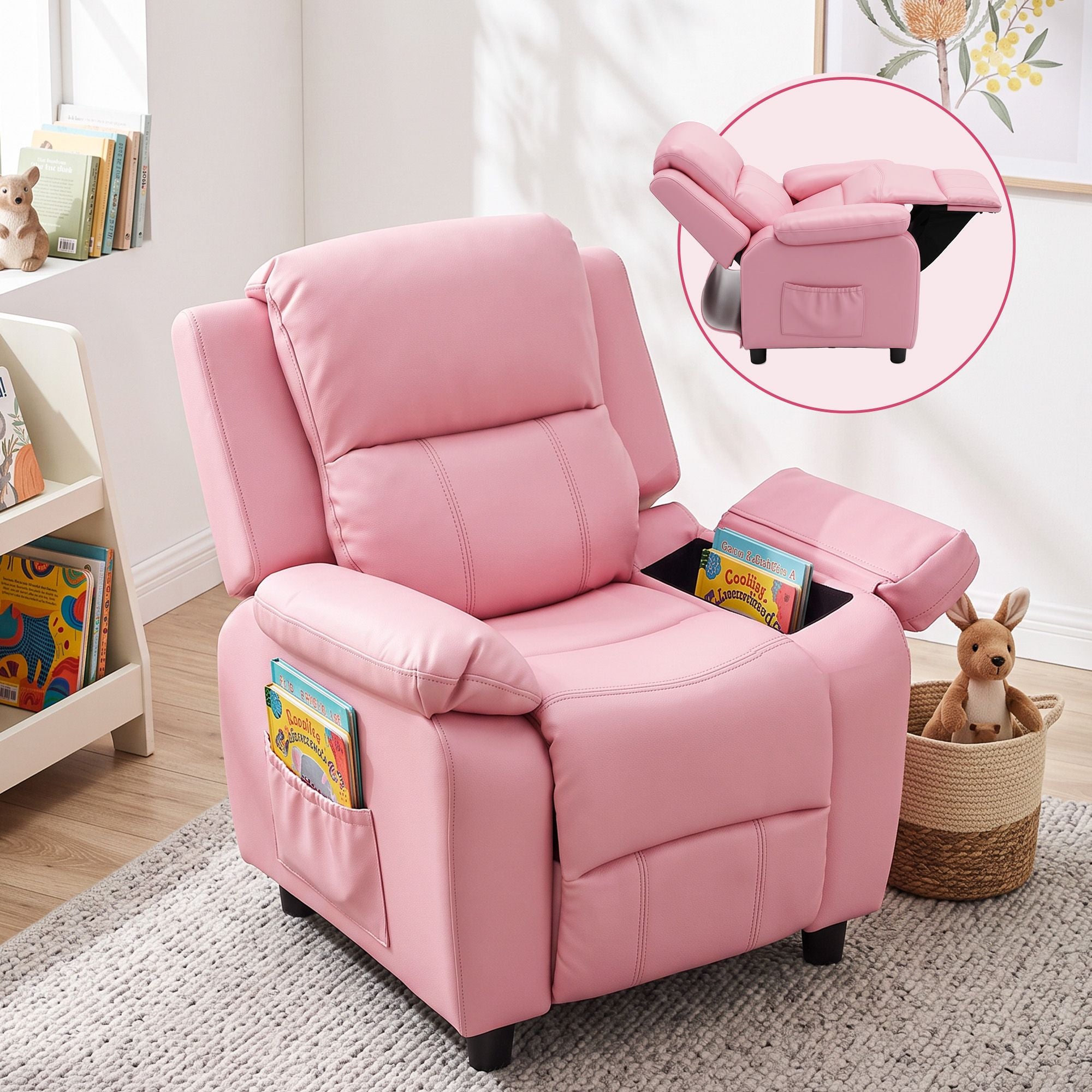 Keezi Kids Recliner Chair PU Leather Toddler Lounge Adjustable Backrest w/ Armrest Storage & 2 Side Pockets Pink Bedworld