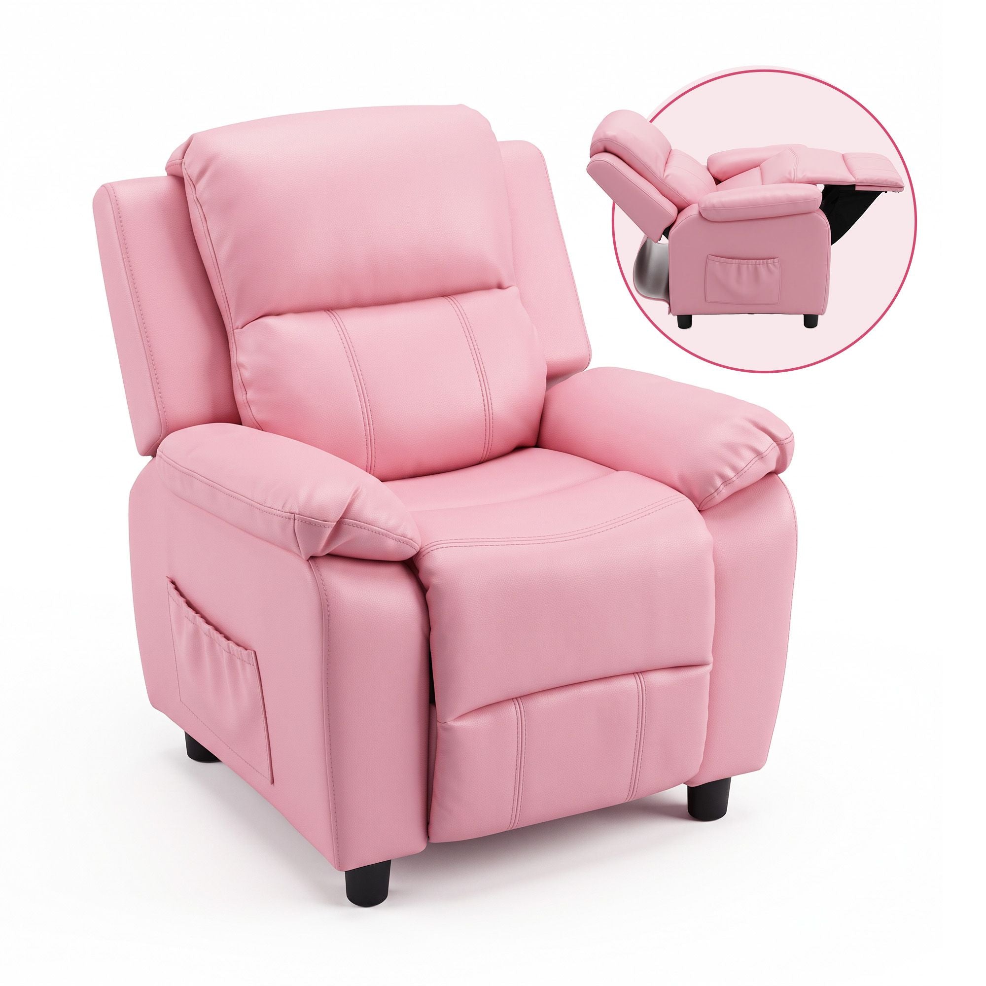 Keezi Kids Recliner Chair PU Leather Toddler Lounge Adjustable Backrest w/ Armrest Storage & 2 Side Pockets Pink Bedworld