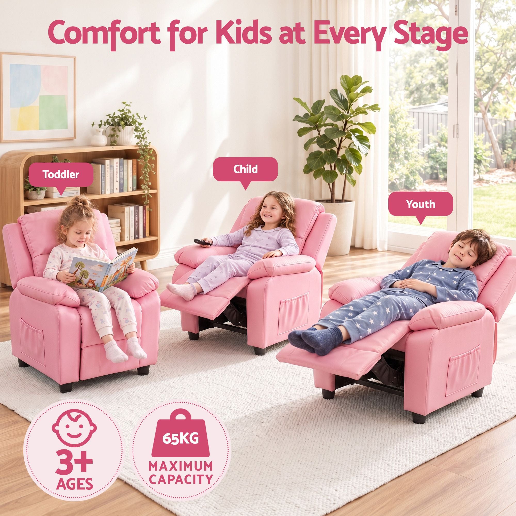 Keezi Kids Recliner Chair PU Leather Toddler Lounge Adjustable Backrest w/ Armrest Storage & 2 Side Pockets Pink Bedworld
