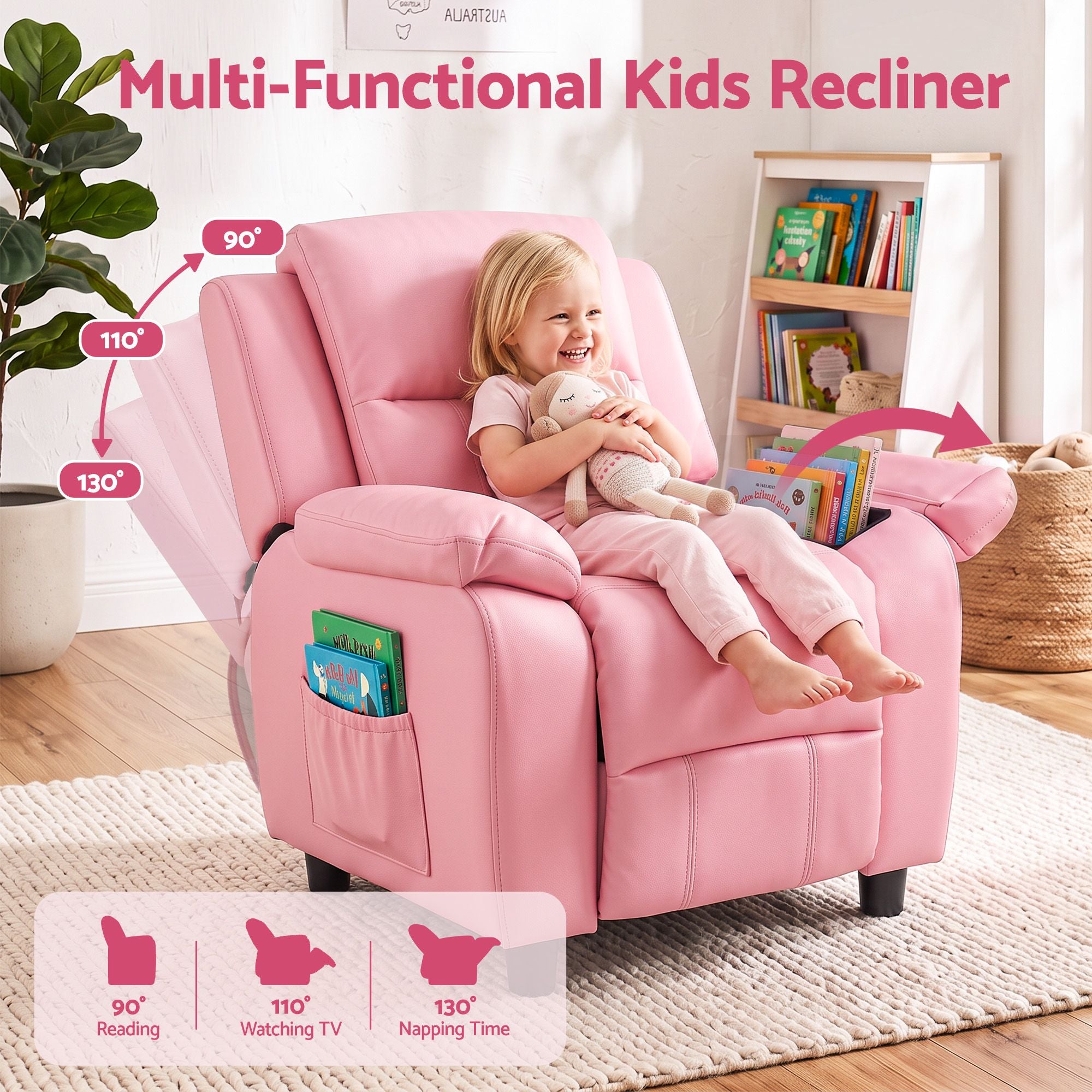 Keezi Kids Recliner Chair PU Leather Toddler Lounge Adjustable Backrest w/ Armrest Storage & 2 Side Pockets Pink Bedworld