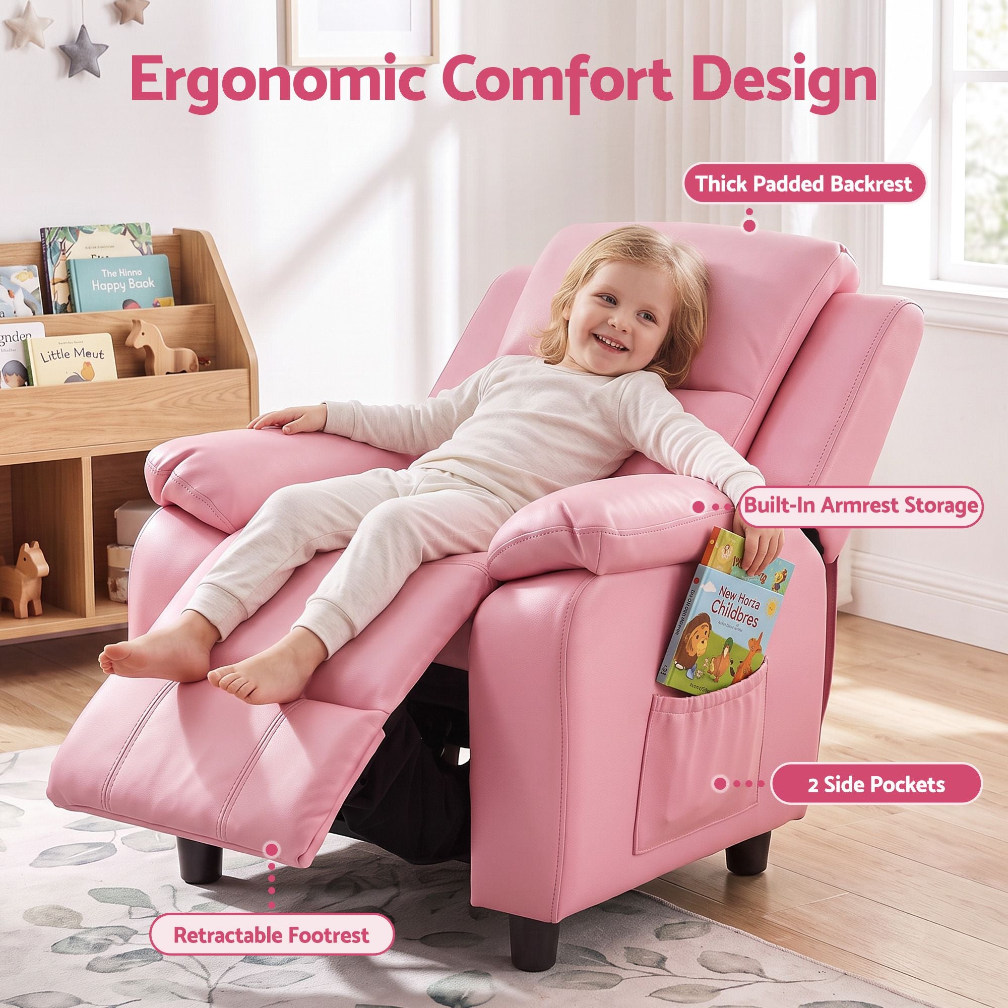 Keezi Kids Recliner Chair PU Leather Toddler Lounge Adjustable Backrest w/ Armrest Storage & 2 Side Pockets Pink Bedworld