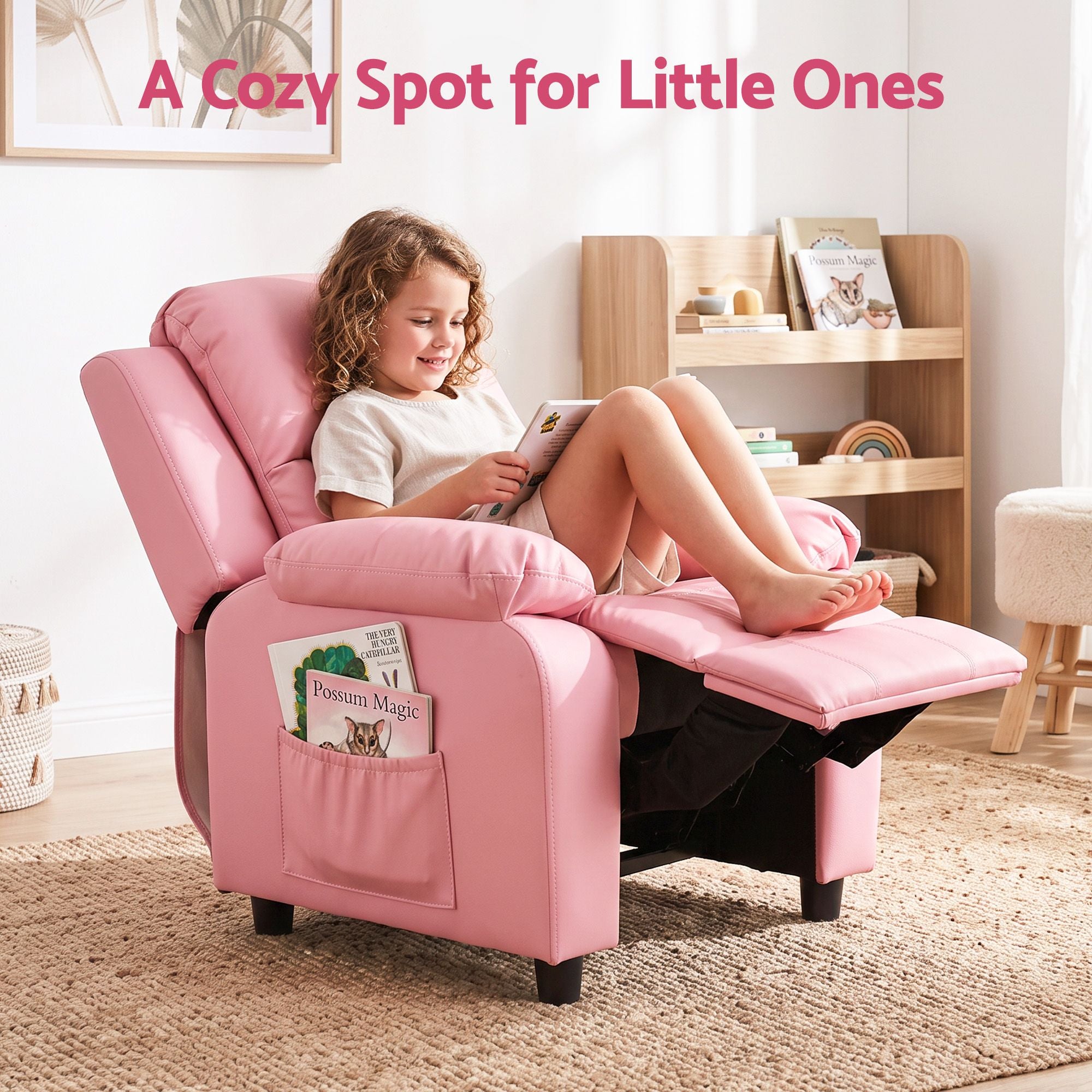 Keezi Kids Recliner Chair PU Leather Toddler Lounge Adjustable Backrest w/ Armrest Storage & 2 Side Pockets Pink Bedworld