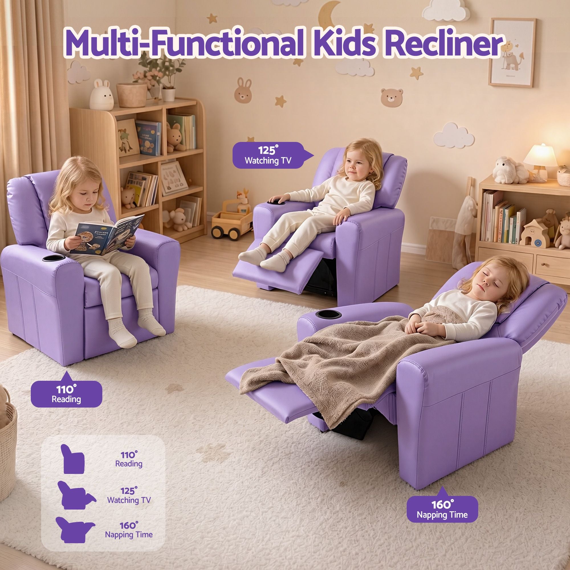 Keezi Kids Recliner Chair PU Leather Sofa Lounge Couch Children Armchair Purple Bedworld
