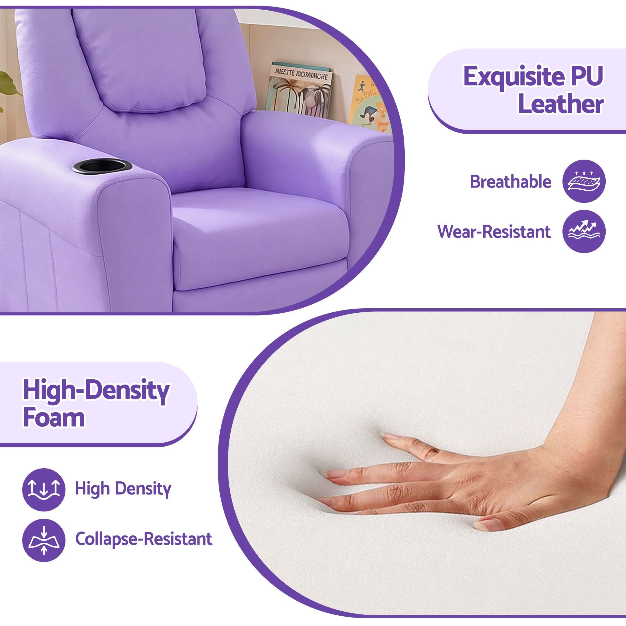 Keezi Kids Recliner Chair PU Leather Sofa Lounge Couch Children Armchair Purple Bedworld