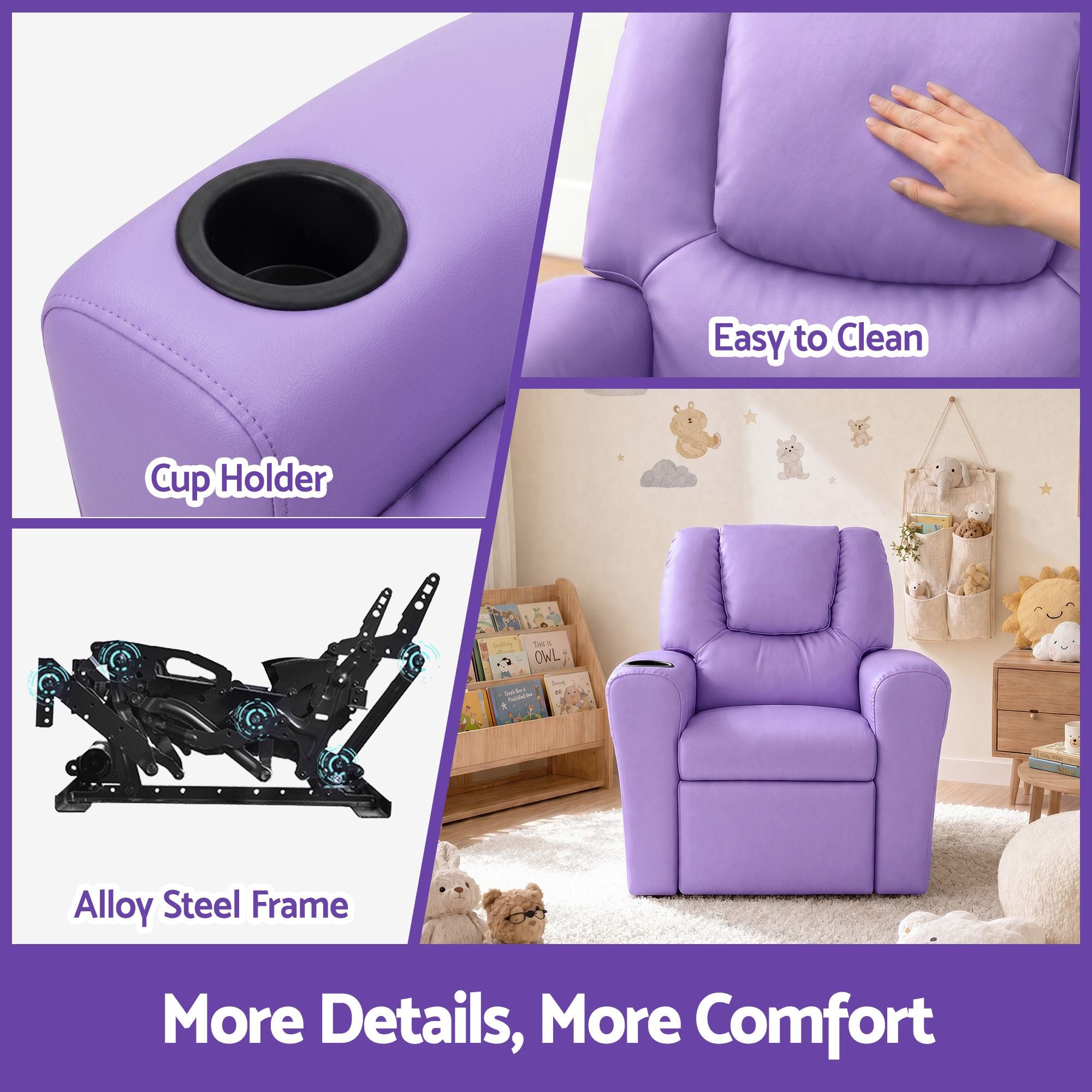 Keezi Kids Recliner Chair PU Leather Sofa Lounge Couch Children Armchair Purple Bedworld