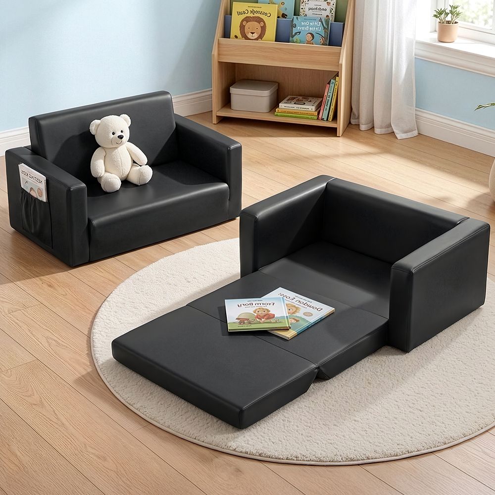 Keezi Kids Sofa 2 Seater Children Flip Open Couch PU Leather Armchair Black Bedworld