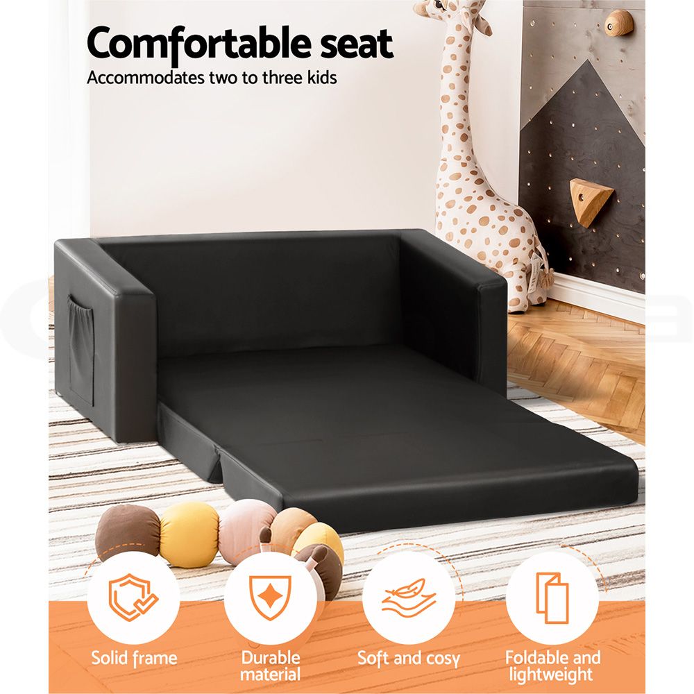 Keezi Kids Sofa 2 Seater Children Flip Open Couch PU Leather Armchair Black Bedworld