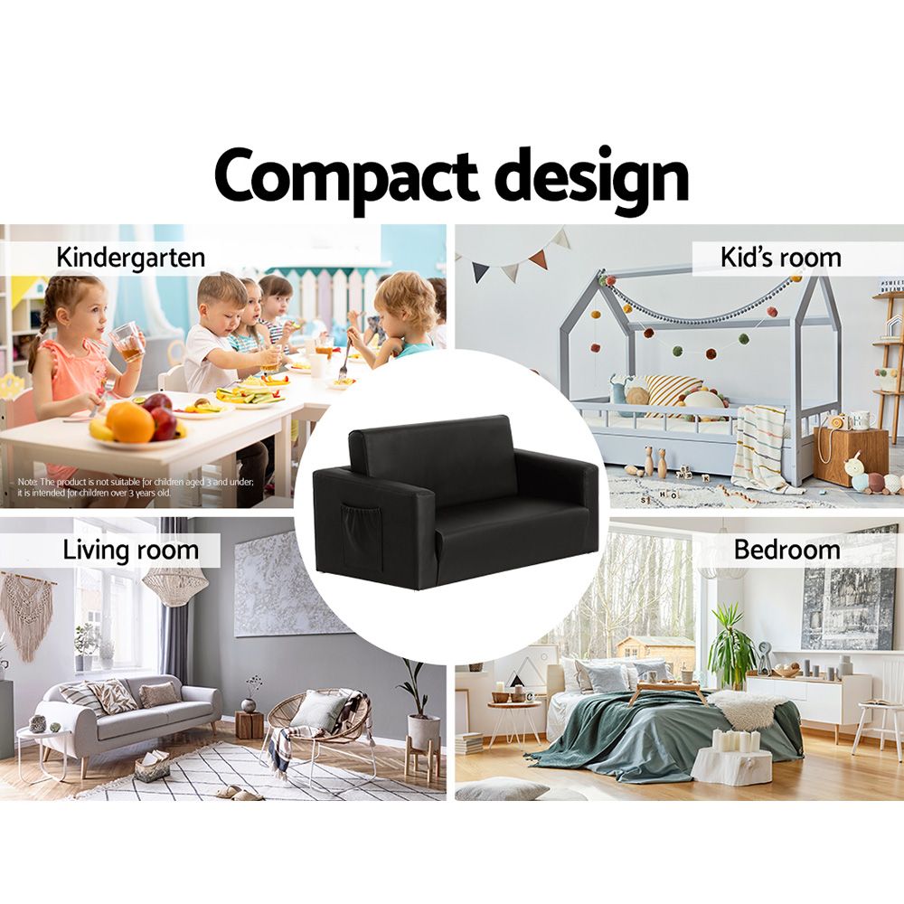 Keezi Kids Sofa 2 Seater Children Flip Open Couch PU Leather Armchair Black Bedworld