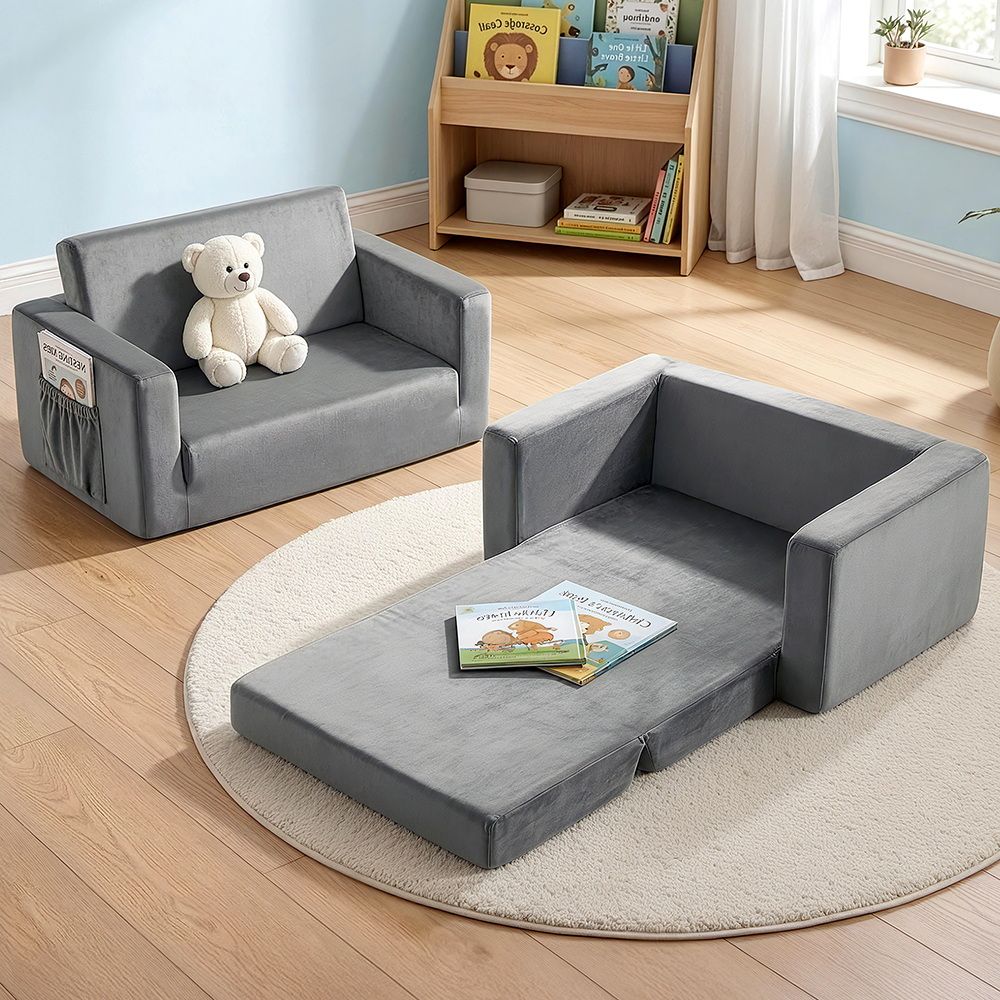 Keezi Kids Sofa 2 Seater Children Flip Open Couch Velvet Armchair Grey Bedworld