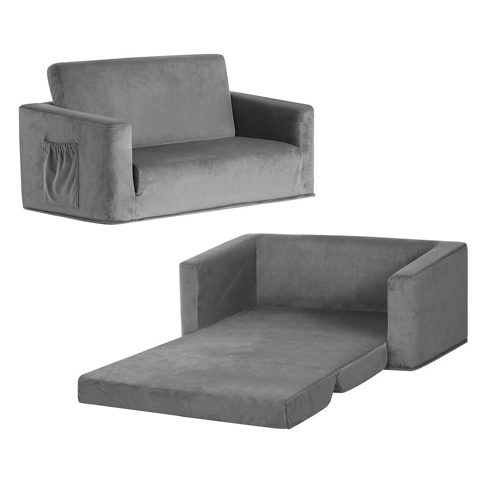 Keezi Kids Sofa 2 Seater Children Flip Open Couch Velvet Armchair Grey Bedworld