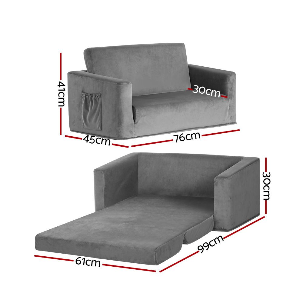 Keezi Kids Sofa 2 Seater Children Flip Open Couch Velvet Armchair Grey Bedworld