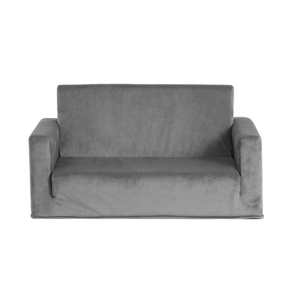 Keezi Kids Sofa 2 Seater Children Flip Open Couch Velvet Armchair Grey Bedworld