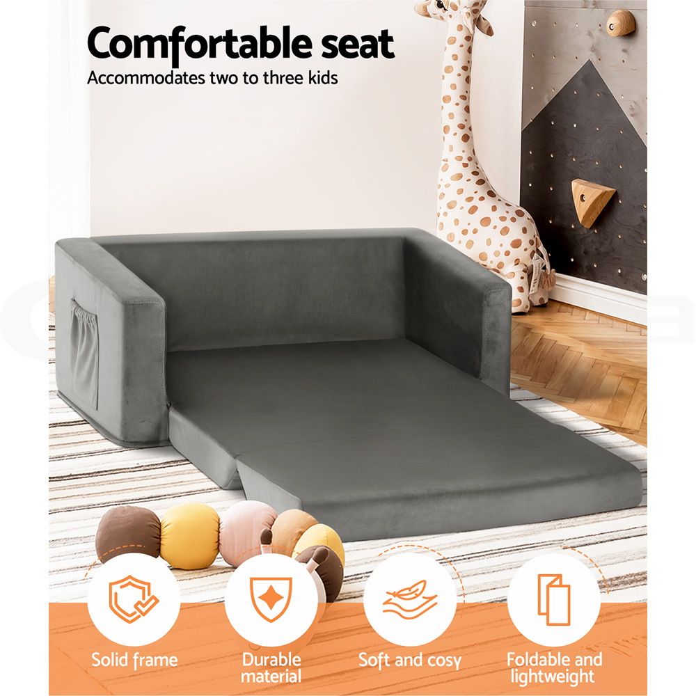 Keezi Kids Sofa 2 Seater Children Flip Open Couch Velvet Armchair Grey Bedworld