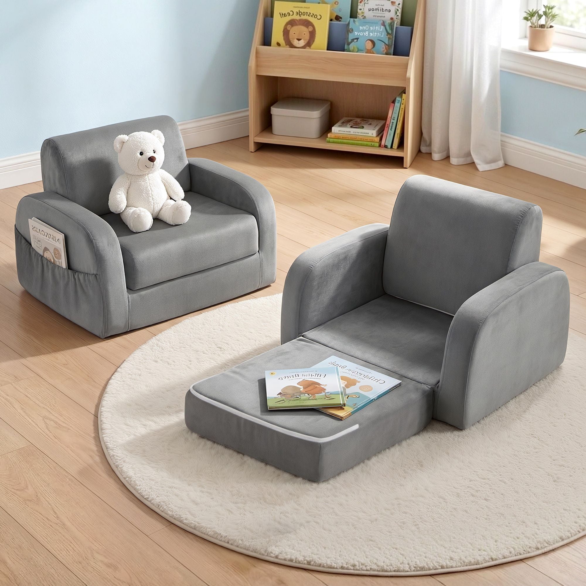 Keezi Kids Sofa 1 Seater Children Flip Open Couch Lounger Armchair Soft Grey Bedworld