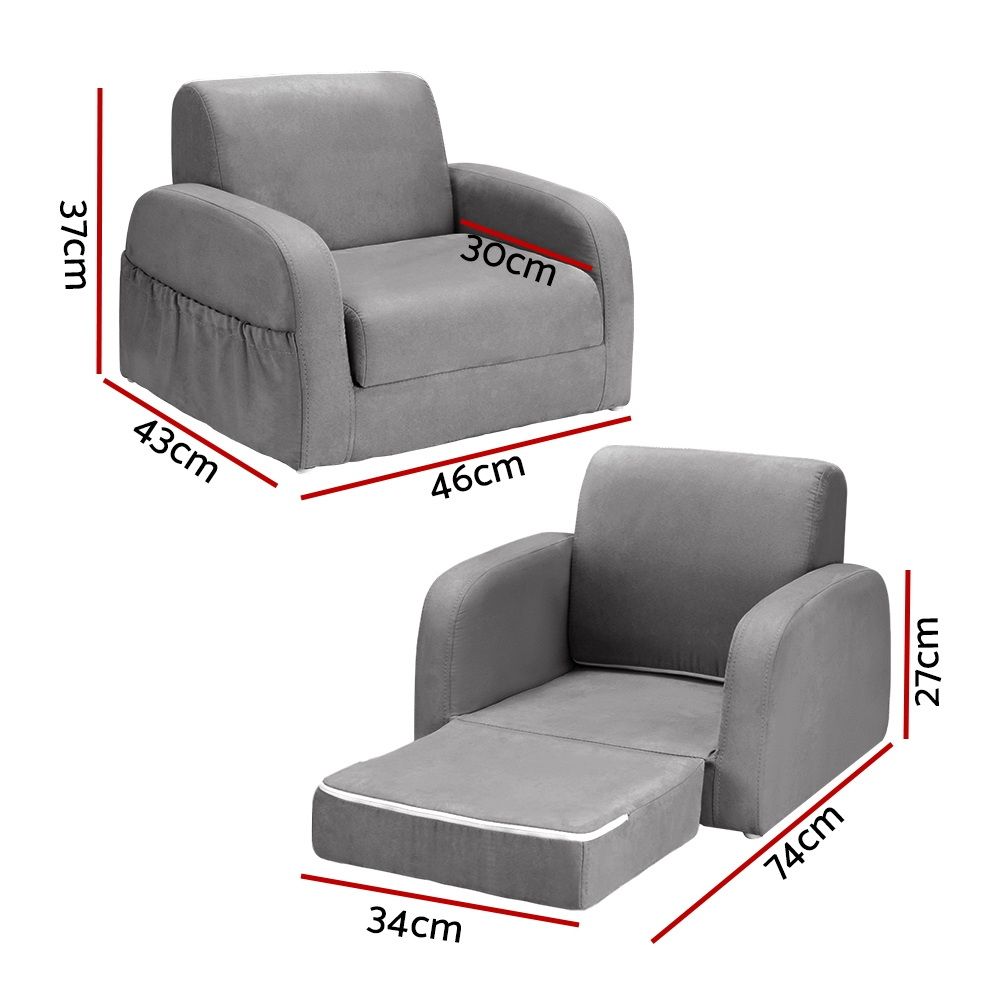 Keezi Kids Sofa 1 Seater Children Flip Open Couch Lounger Armchair Soft Grey Bedworld