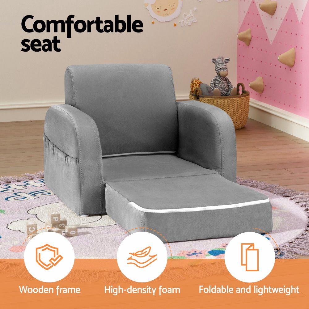 Keezi Kids Sofa 1 Seater Children Flip Open Couch Lounger Armchair Soft Grey Bedworld