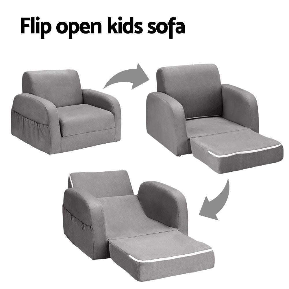 Keezi Kids Sofa 1 Seater Children Flip Open Couch Lounger Armchair Soft Grey Bedworld