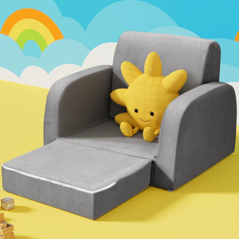 Keezi Kids Sofa 1 Seater Children Flip Open Couch Lounger Armchair Soft Grey