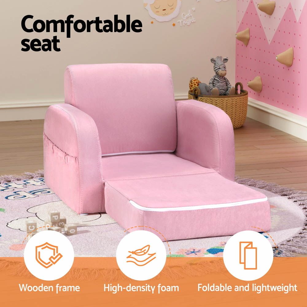 Keezi Kids Sofa 1 Seater Children Flip Open Couch Lounger Armchair Soft Pink Bedworld