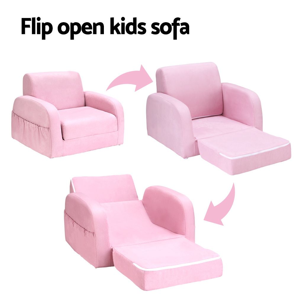 Keezi Kids Sofa 1 Seater Children Flip Open Couch Lounger Armchair Soft Pink Bedworld