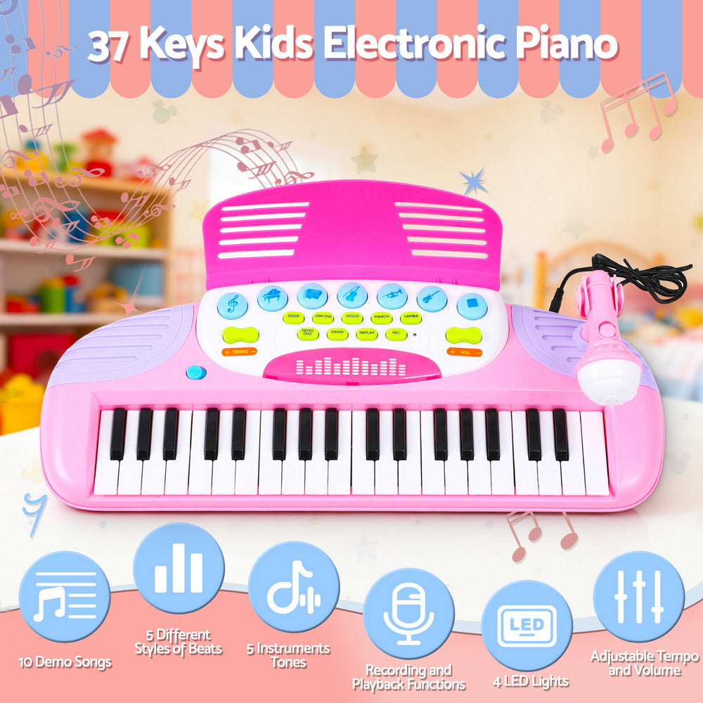 Keezi Kids Piano Keyboard 37 Keys Electronic Musical Instrument Set w/ Stool Microphone