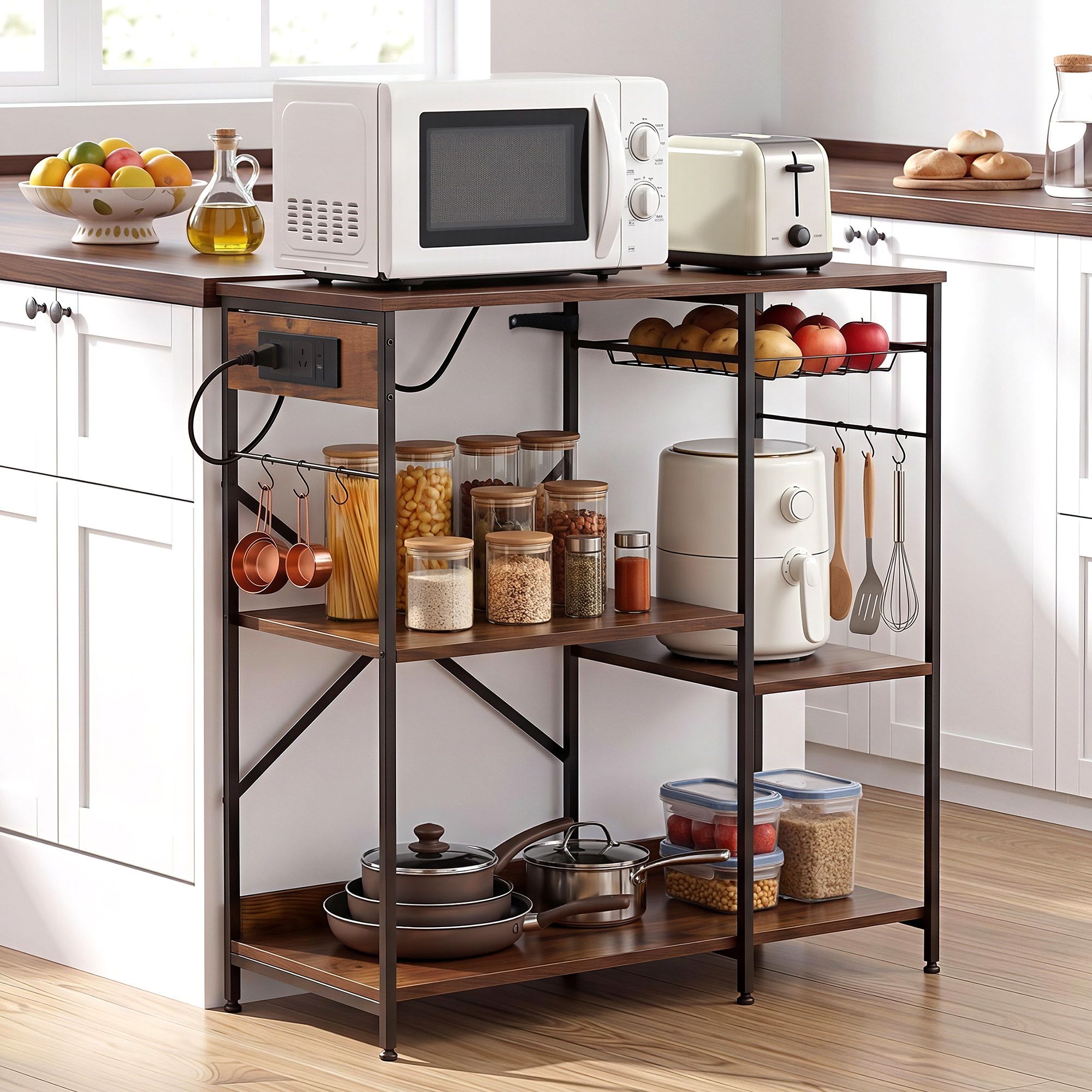 Artiss 3-Tier Kitchen Rack with 2 Power Outlets Microwave Storage Shelf 6 Hooks 90CM Bedworld